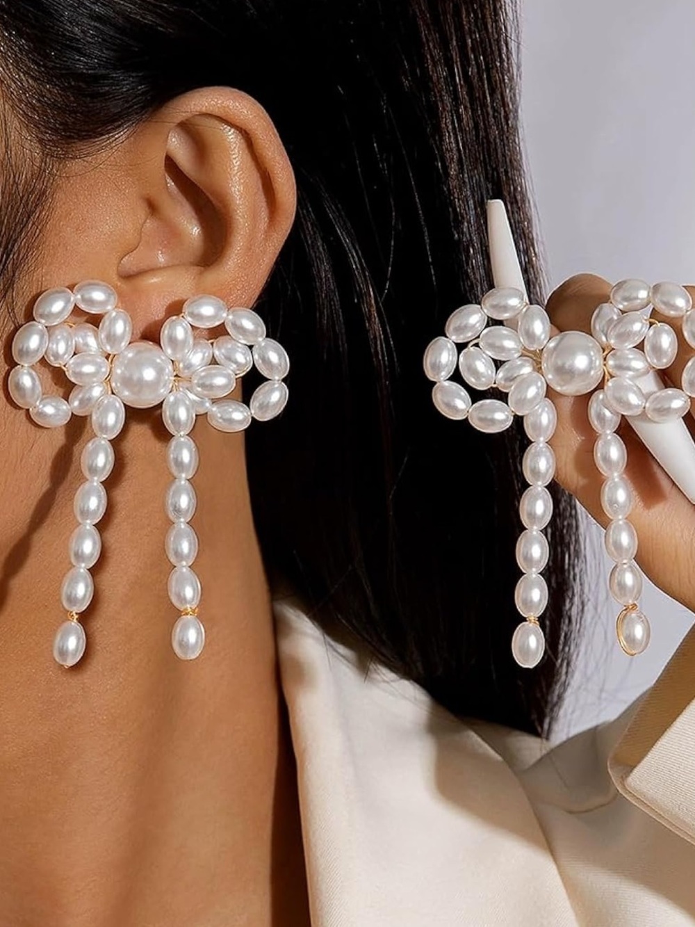 Anthropologie Pearl Bow Drop Earrings in White